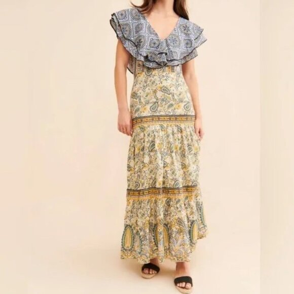 Anthropologie Forever That Girl Cotton Paisley Ruffle Collar Tiered Maxi Dress - Picture 1 of 13